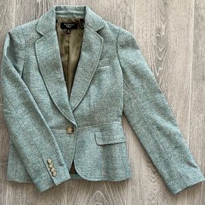 Talbots blazer. Size 4P, wool blend. Olive with aqua blue and white weav…